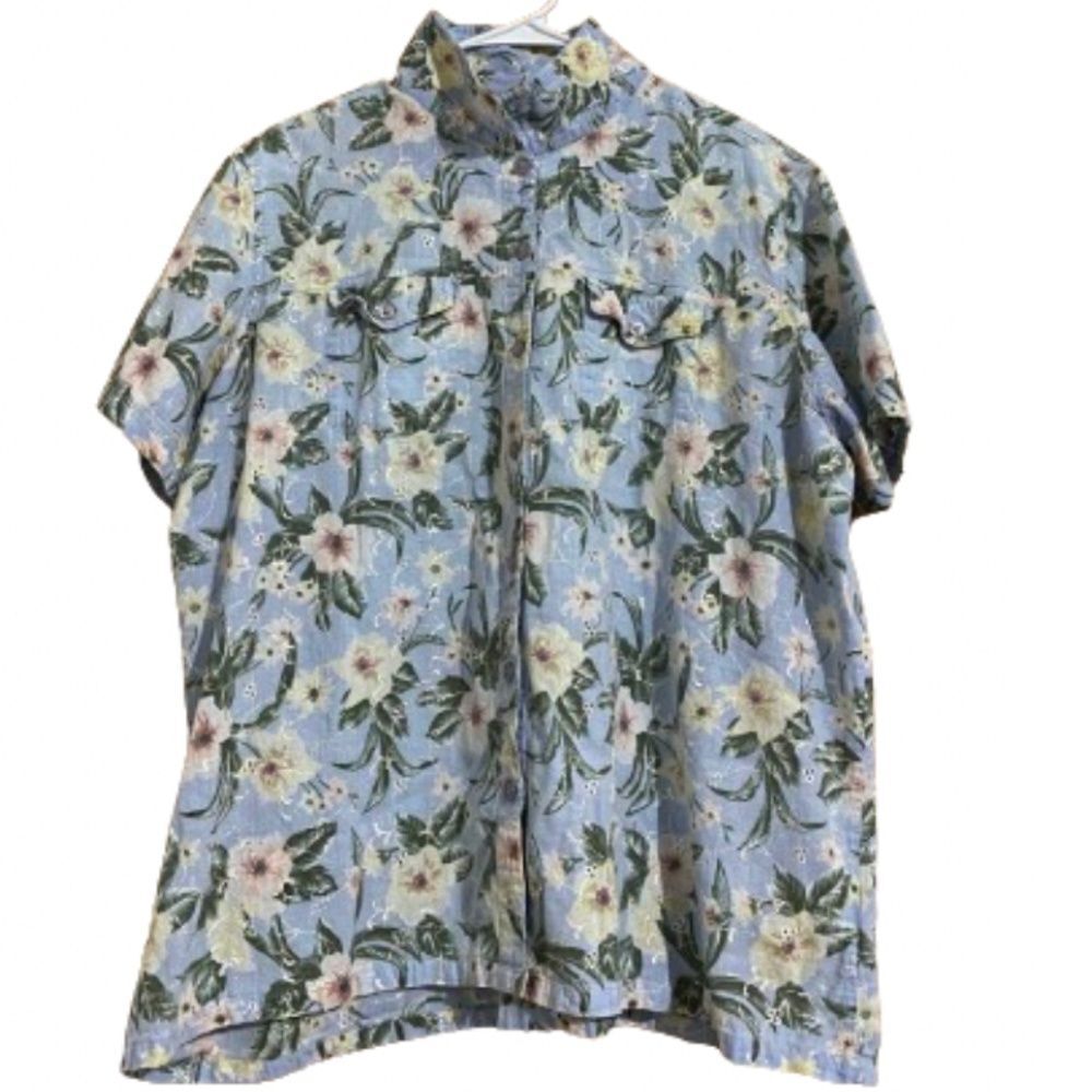 WOMENs BLUE MULTI FLORAL PRINT BUTTON DOWN EYELET SHIRT Sz-18W/20W